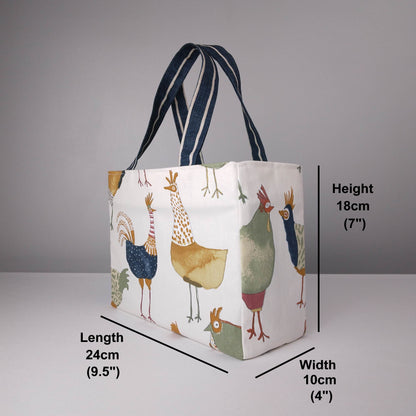Mini tote bag with multi-colour hens design on beige background