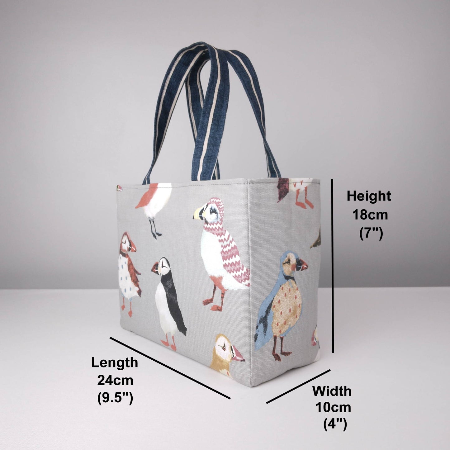 Mini tote bag with product details