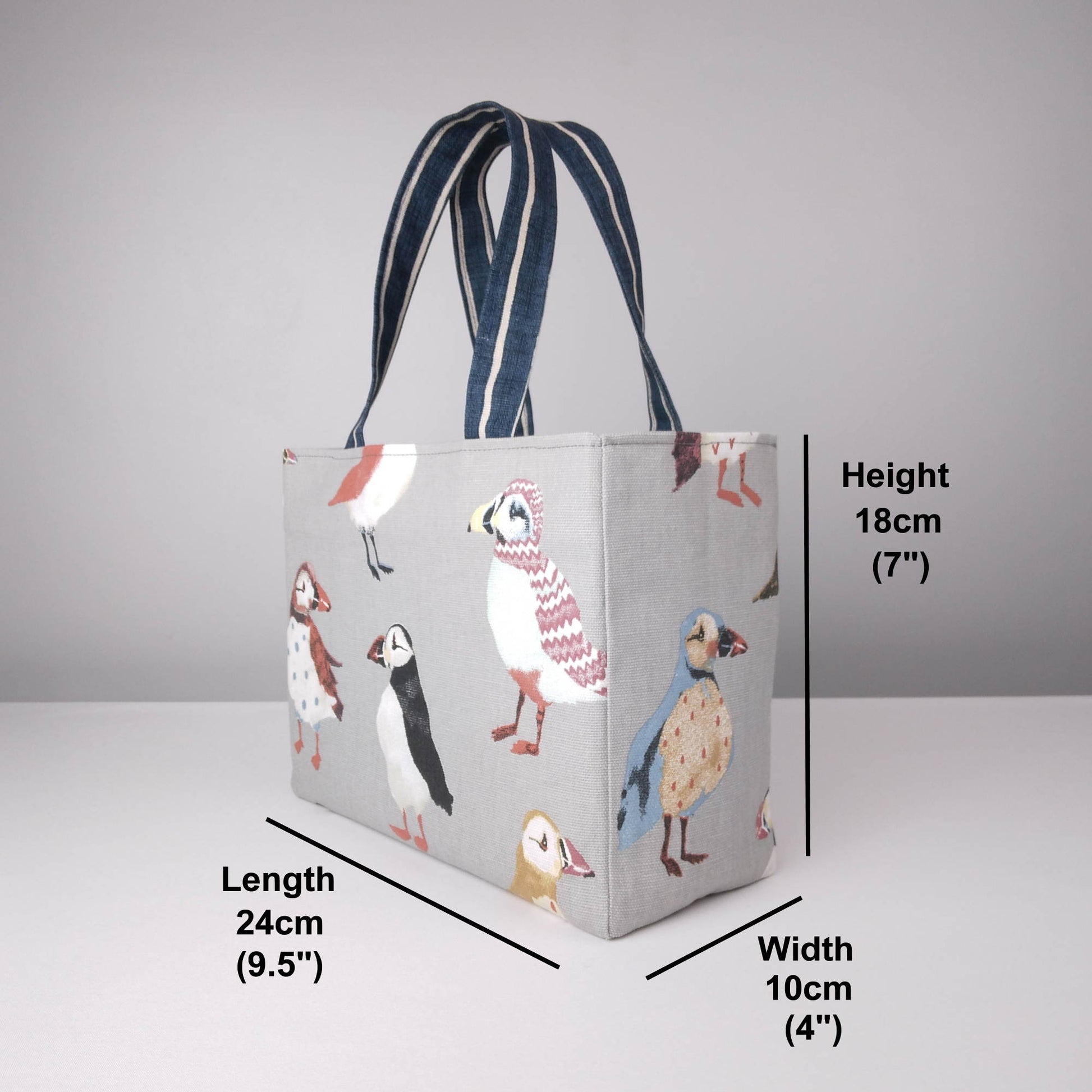 Mini tote bag with product details