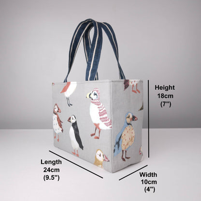 Mini tote bag with product details
