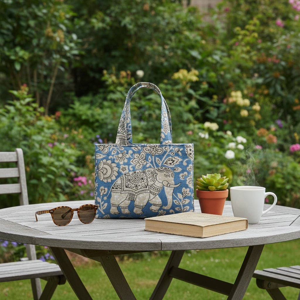 Mini tote bag with ornate taupe elephant design on blue background sitting on an outdoor table in a floral garden setting