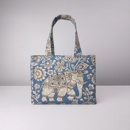 Mini tote bag with ornate taupe elephant design on blue background