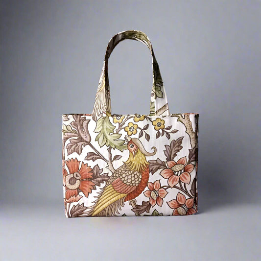 Mini tote bag with pheasants and flowers design on off-white colour background
