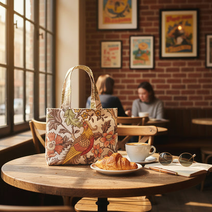 Mini tote bag with pheasants and flowers design on off-white colour background sitting on a restaurant table in a local coffee shop
