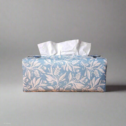 Rectangle tissue box cover with white wildflower design on light blue background