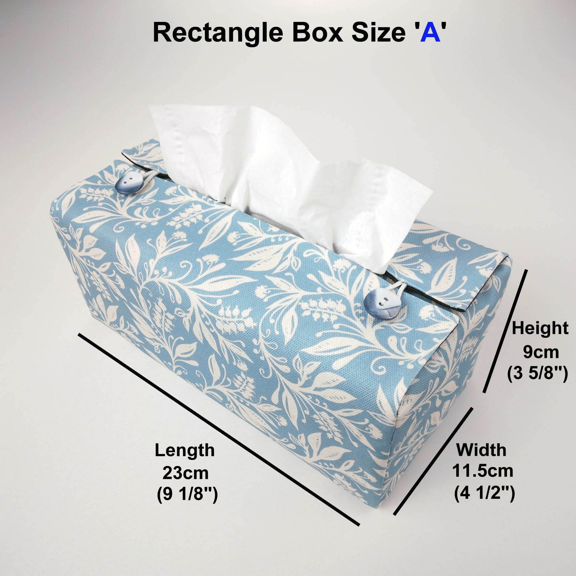 Rectangle tissue box cover with white wildflower design on light blue background