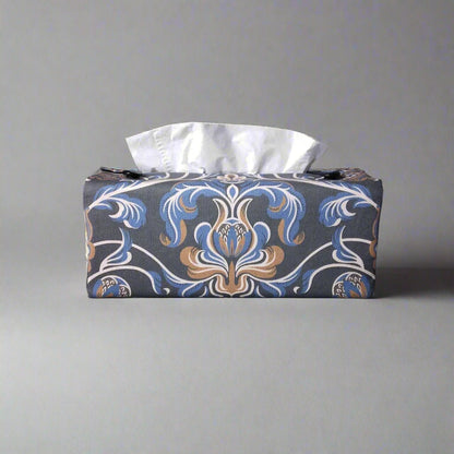 Printed cotton rectangle tissue box cover with white, brown, and blue baroque style floral design on navy background