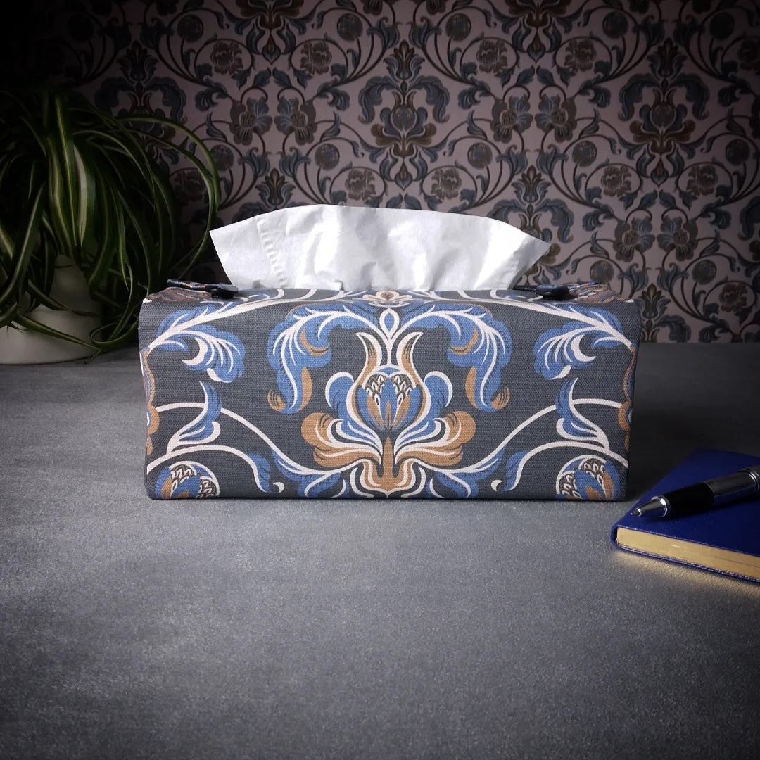 Rectangular Fabric Tissue Box Cover - Baroque Style Floral on Navy