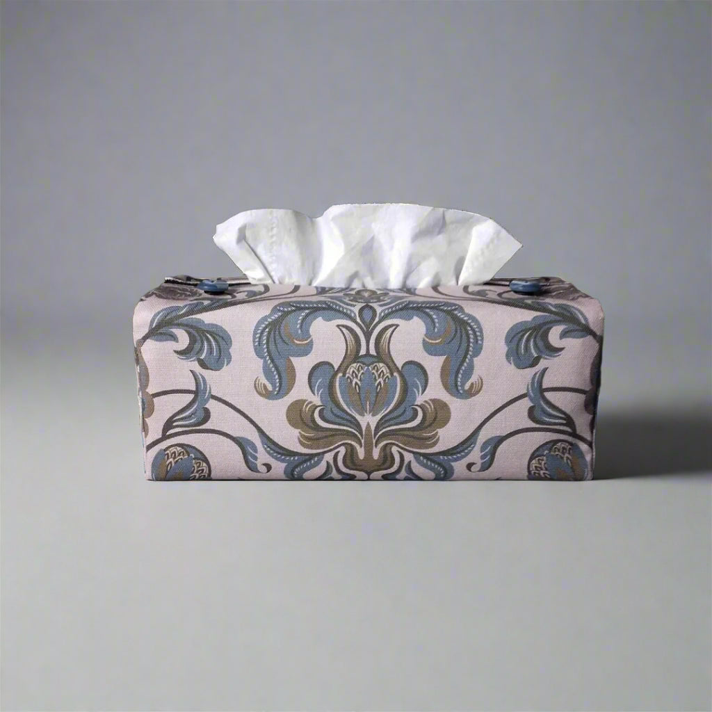 Cotton rectangle tissue box cover with grey and brown baroque style floral design on taupe background