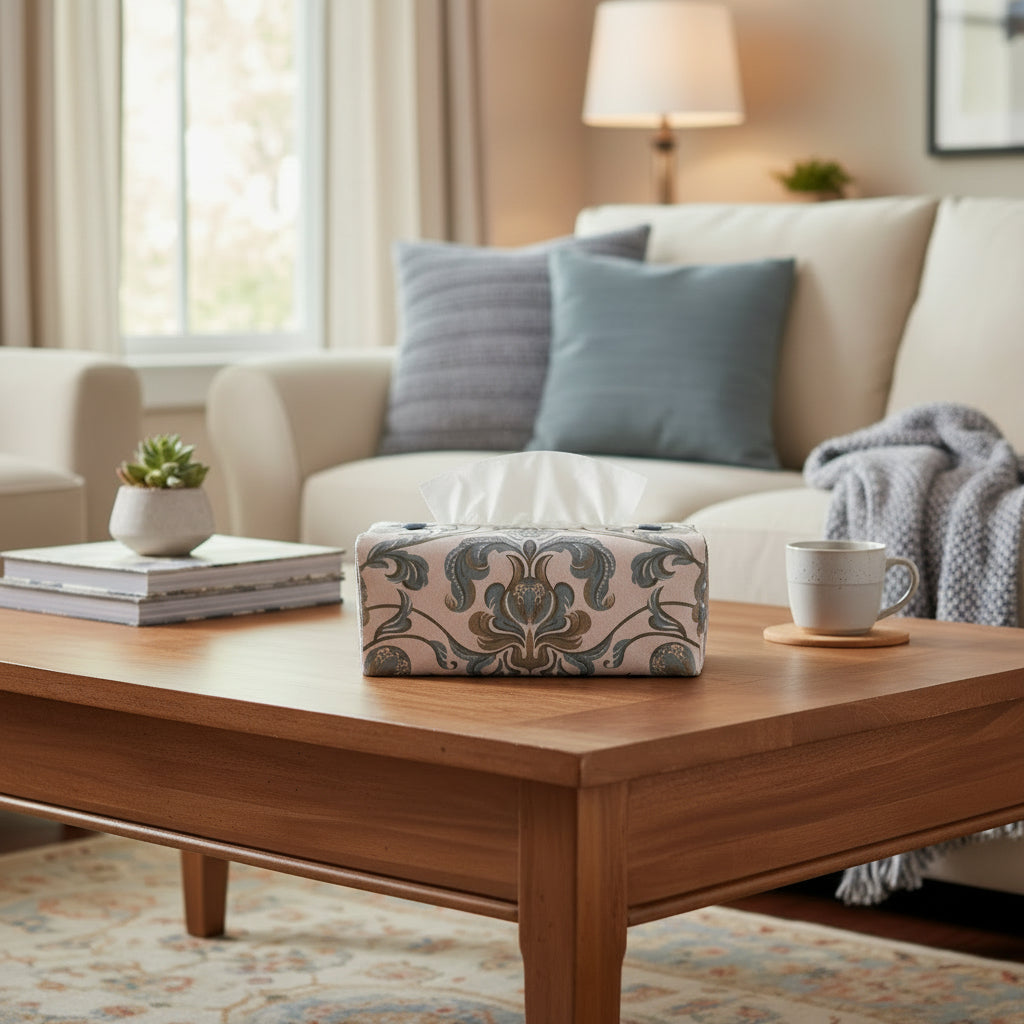 Cotton rectangle tissue box cover sitting on a coffee table in a contemporary home living room