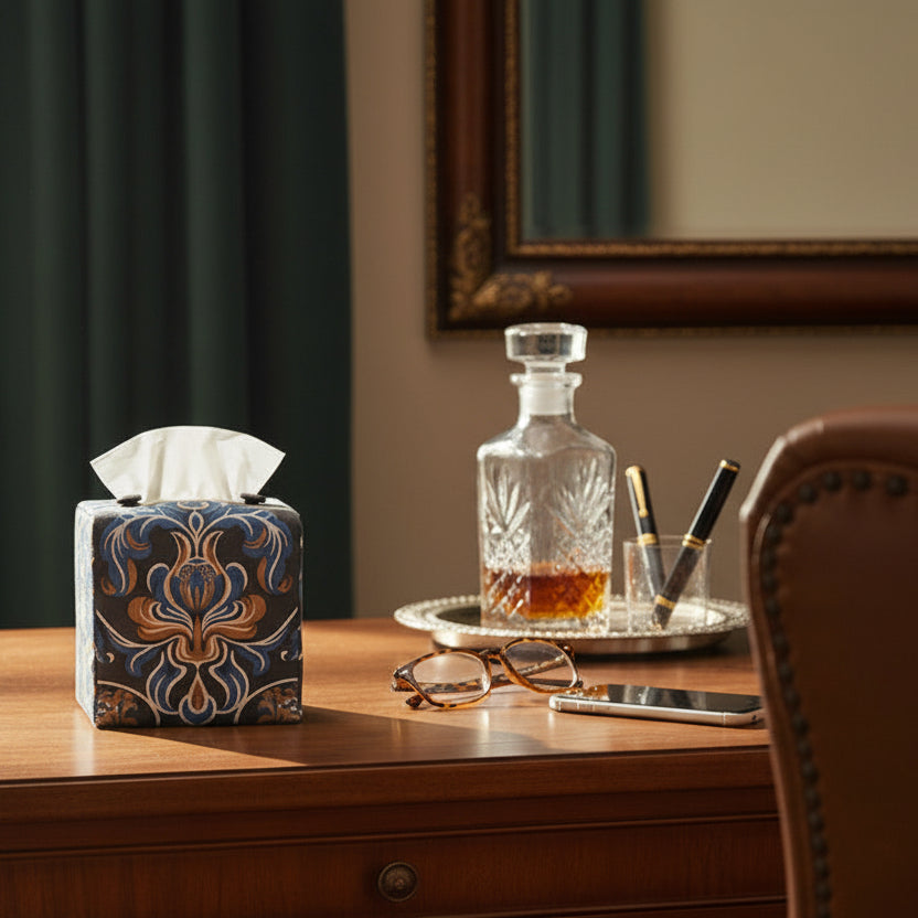 Square tissue box cover sitting on a desk