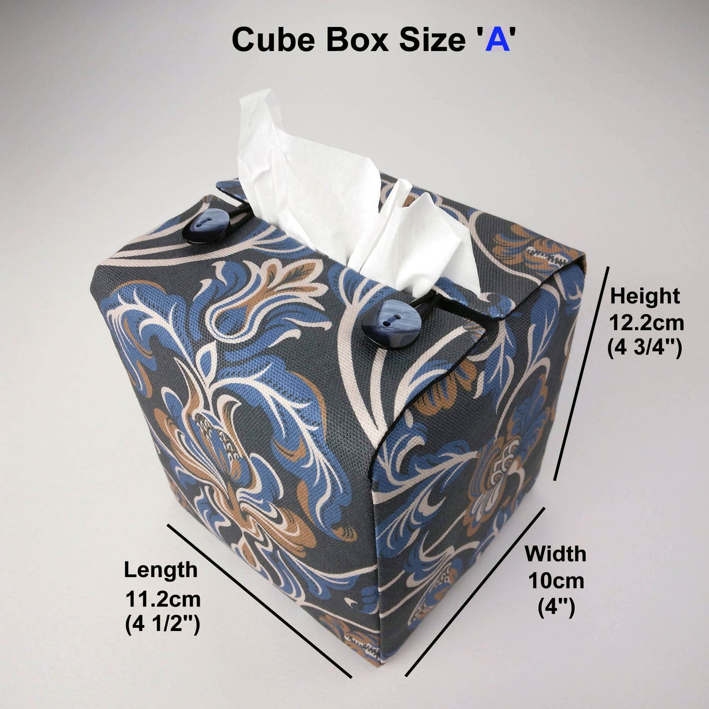 Square tissue box cover with product details