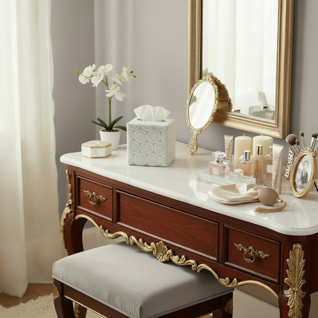 Square tissue box cover sitting on a vanity table in a luxury home bedroom