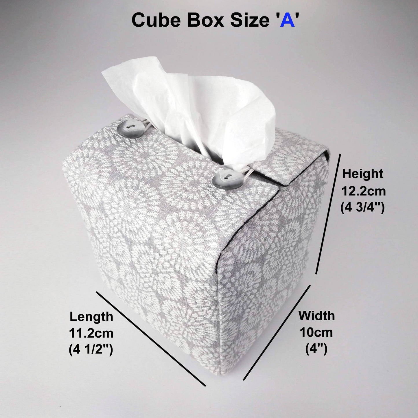 Square tissue box cover with product details