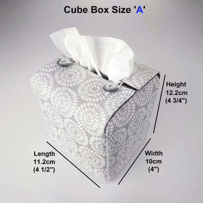 Square tissue box cover with product details