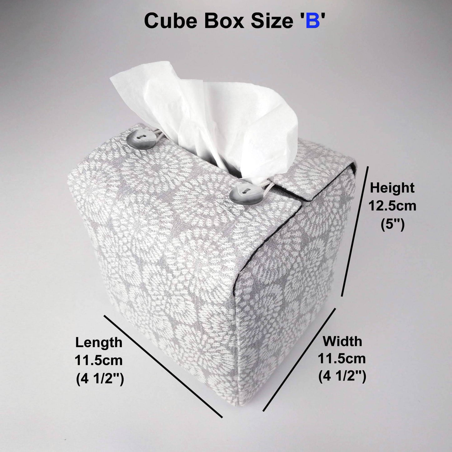 Square tissue box cover with product details