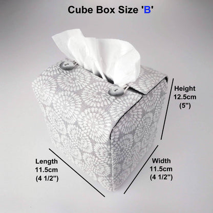 Square tissue box cover with product details