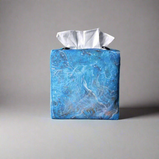 Square tissue box cover with blue and white abstract pattern