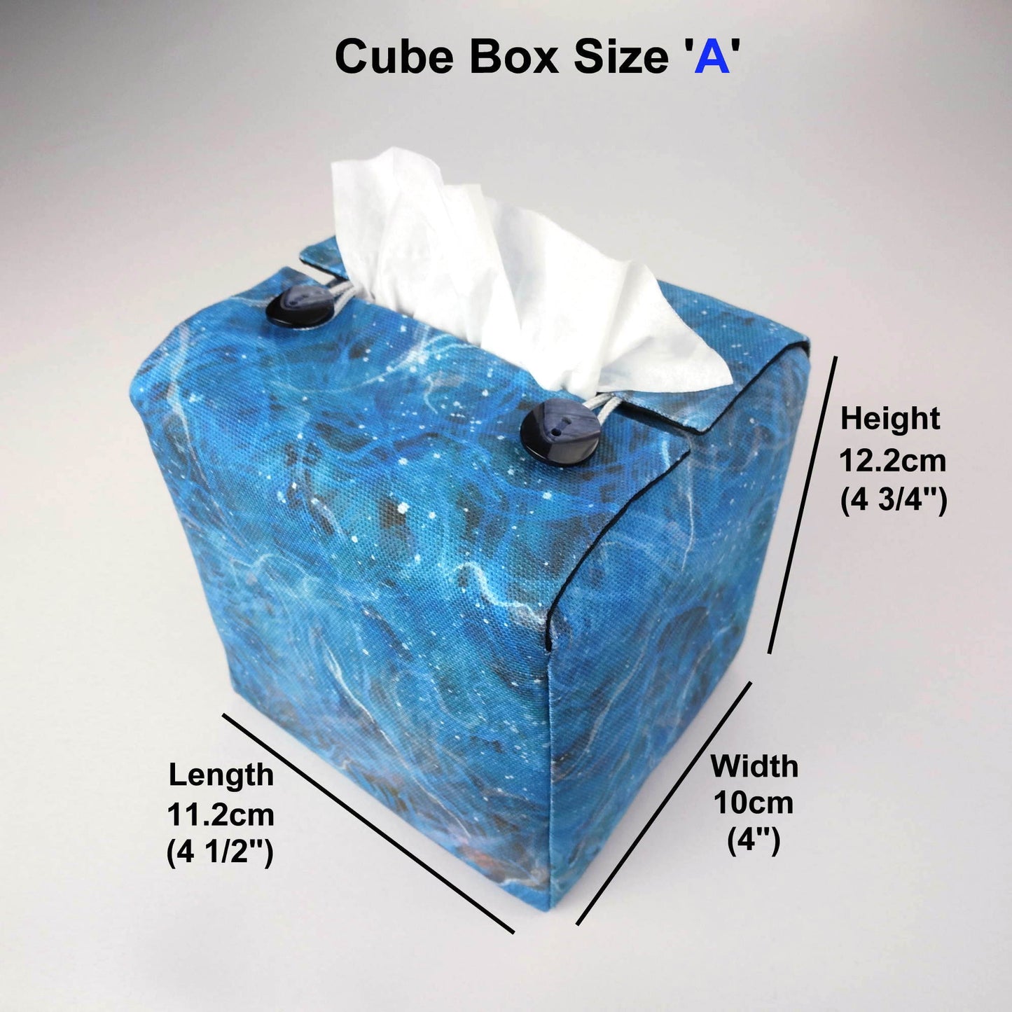Square tissue box cover with blue and white abstract pattern