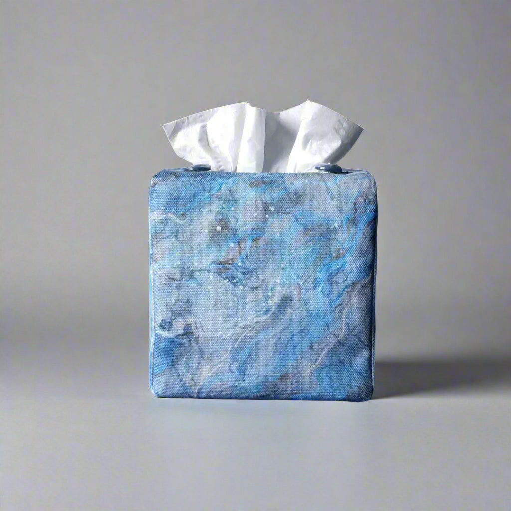 Square tissue box cover with light blue, grey, and white abstract pattern