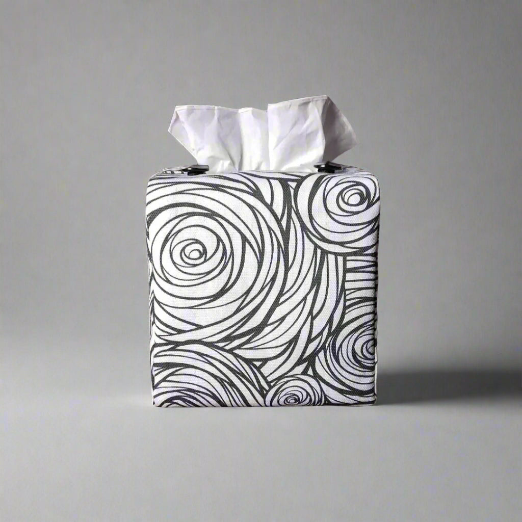 Square tissue box cover with black stylized roses on white background