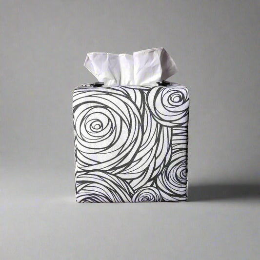 Square tissue box cover with black stylized roses on white background