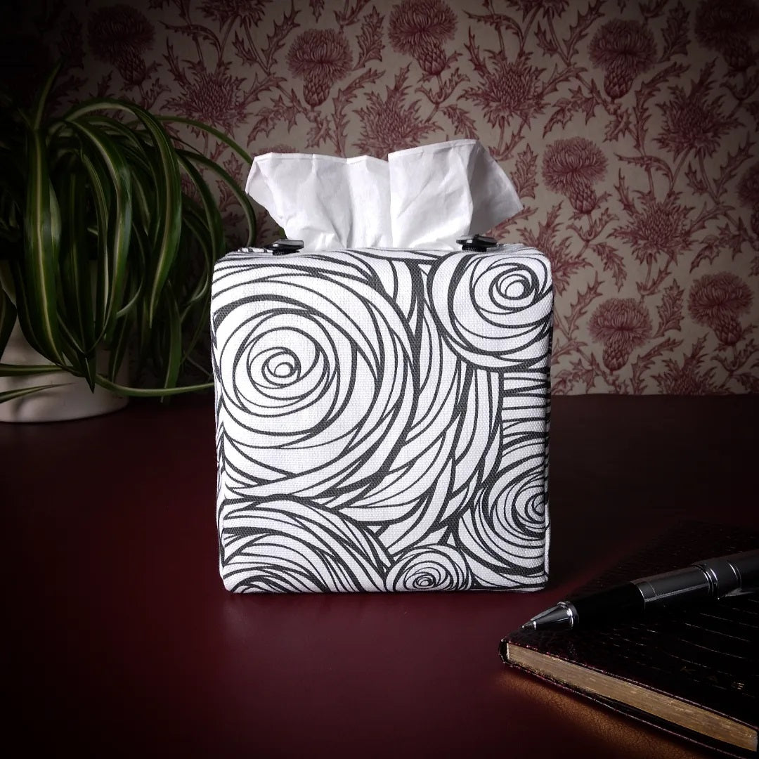 Cube Fabric Tissue Box Cover - Black & White Roses