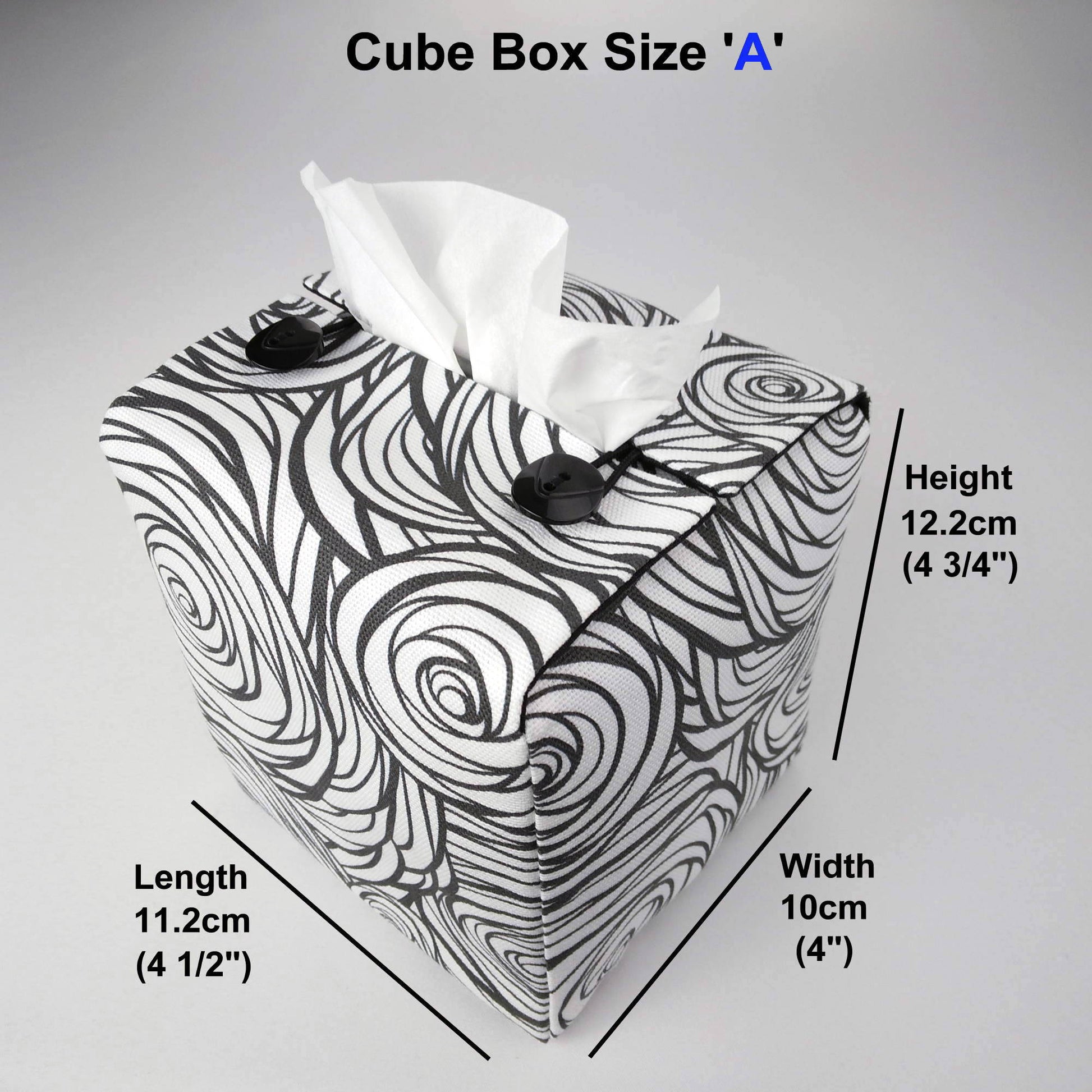 Square tissue box cover with black stylized roses on white background