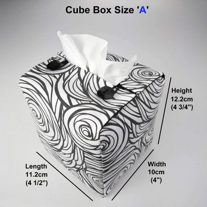 Square tissue box cover with black stylized roses on white background