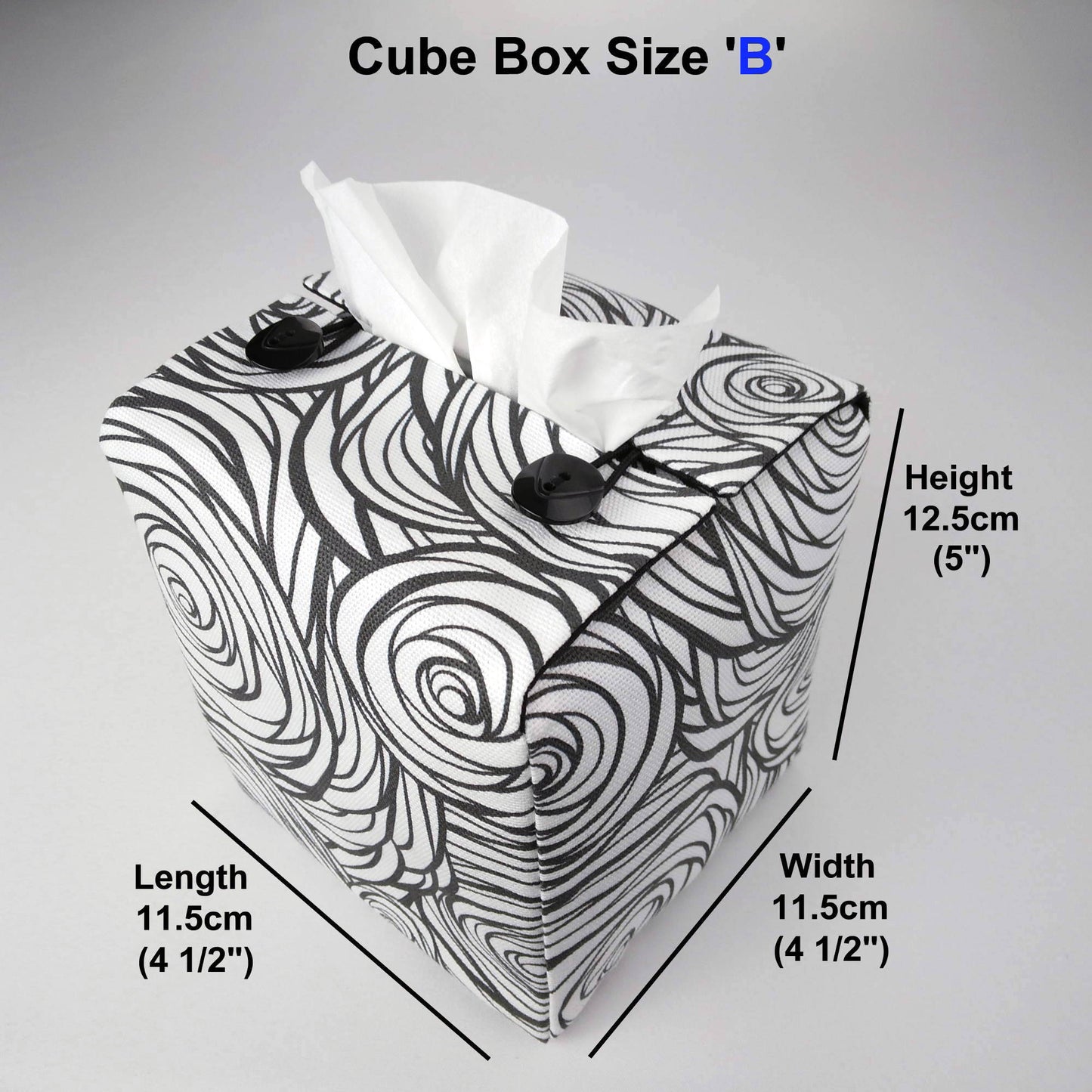 Square tissue box cover with black stylized roses on white background