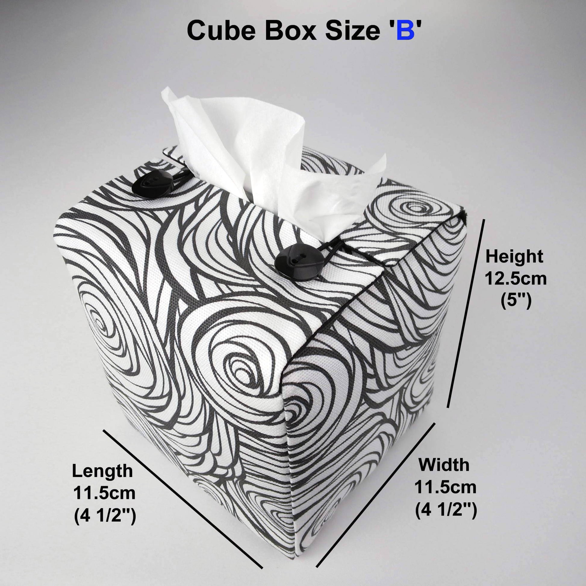 Square tissue box cover with black stylized roses on white background