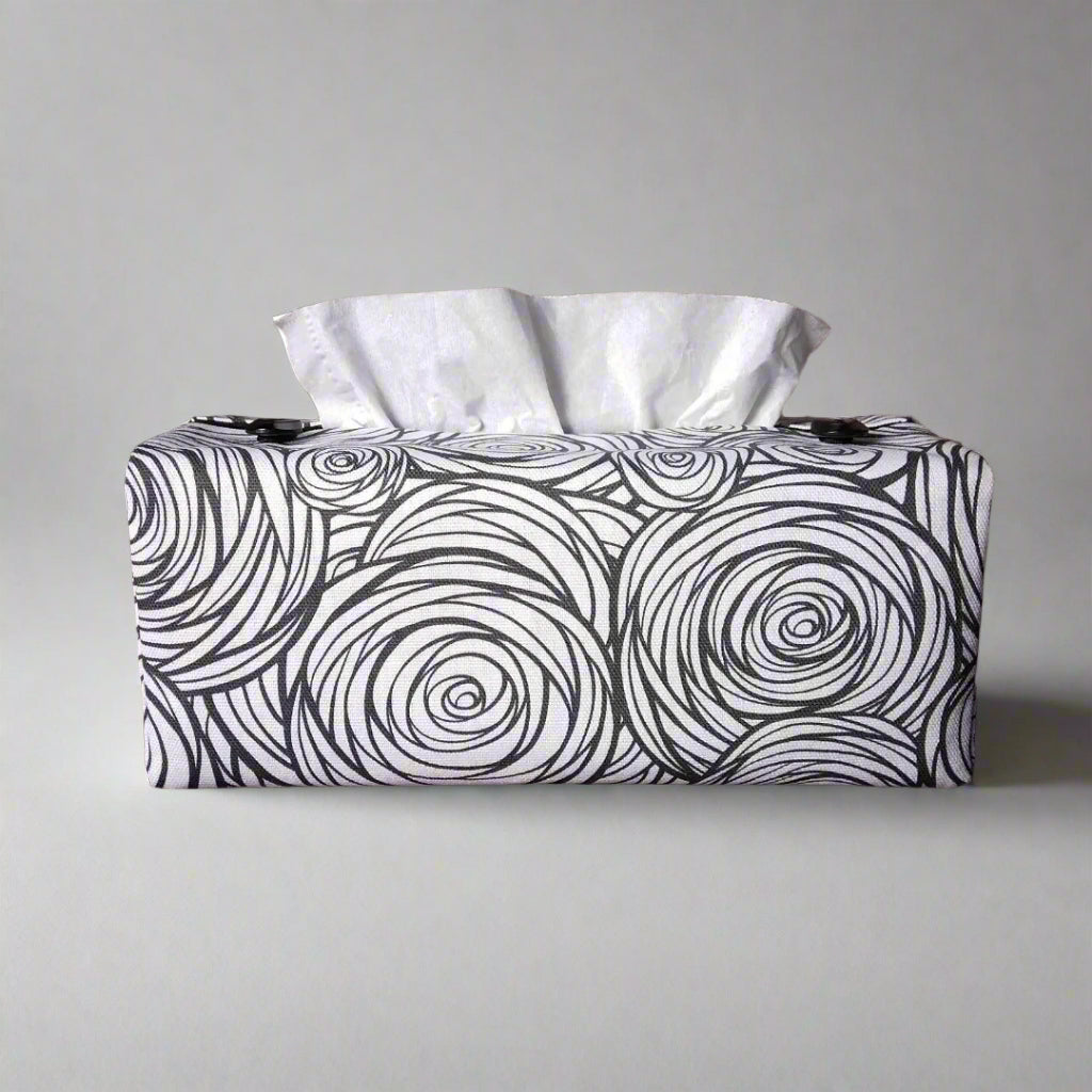 Printed cotton rectangle tissue box cover with black stylized roses on white background