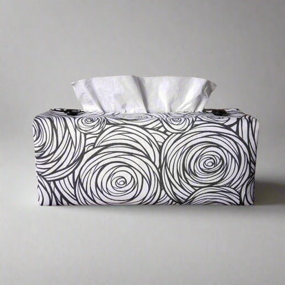 Printed cotton rectangle tissue box cover with black stylized roses on white background