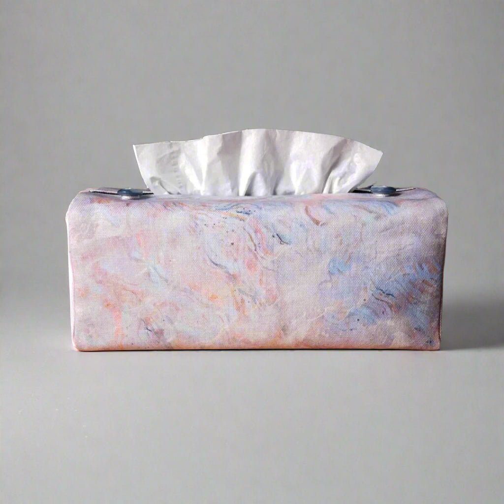 Rectangle tissue box cover with white, orange, pink, blue and grey abstract pattern
