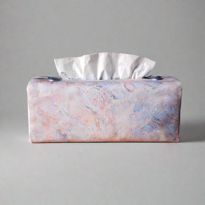 Rectangle tissue box cover with white, orange, pink, blue and grey abstract pattern