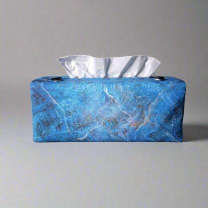 Rectangle tissue box cover with dark blue, grey, and white abstract pattern
