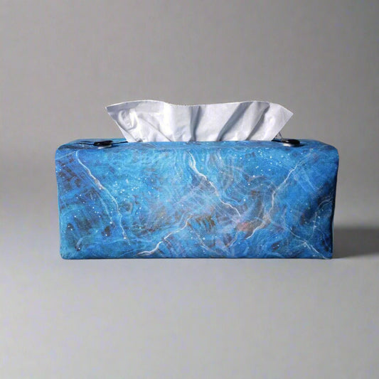 Rectangle tissue box cover with dark blue, grey, and white abstract pattern