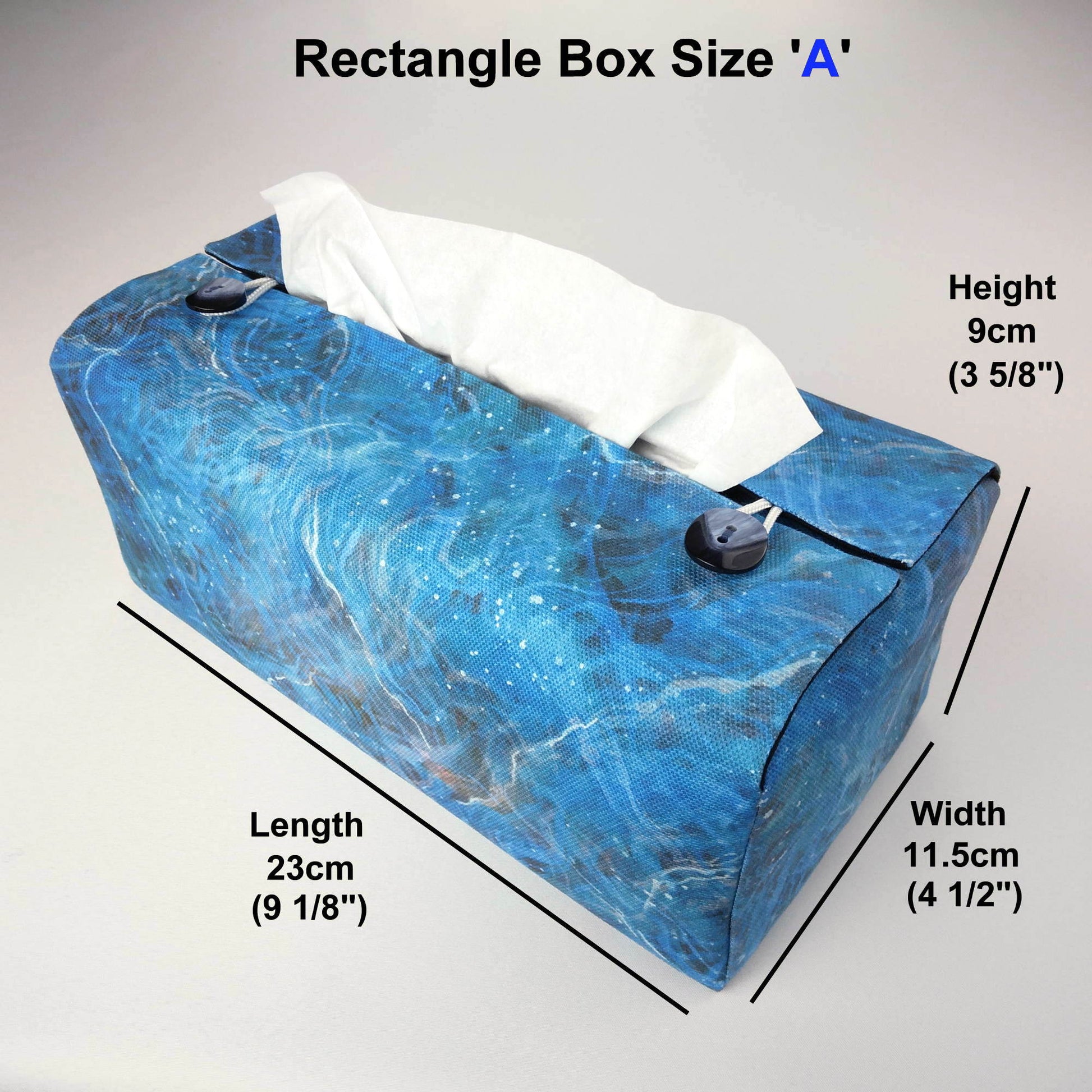 Rectangle tissue box cover with dark blue, grey, and white abstract pattern
