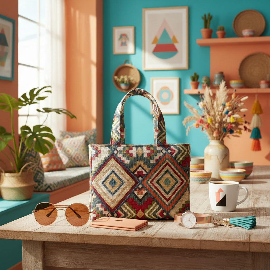 Mini tote bag with multi-colour diamond design sitting on a family table in a home kitchen