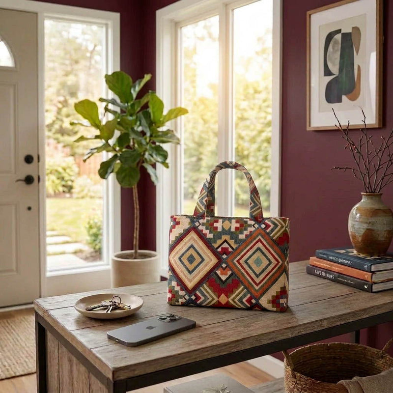 Mini tote bag with multi-colour diamond design sitting on a family table in a home kitchen