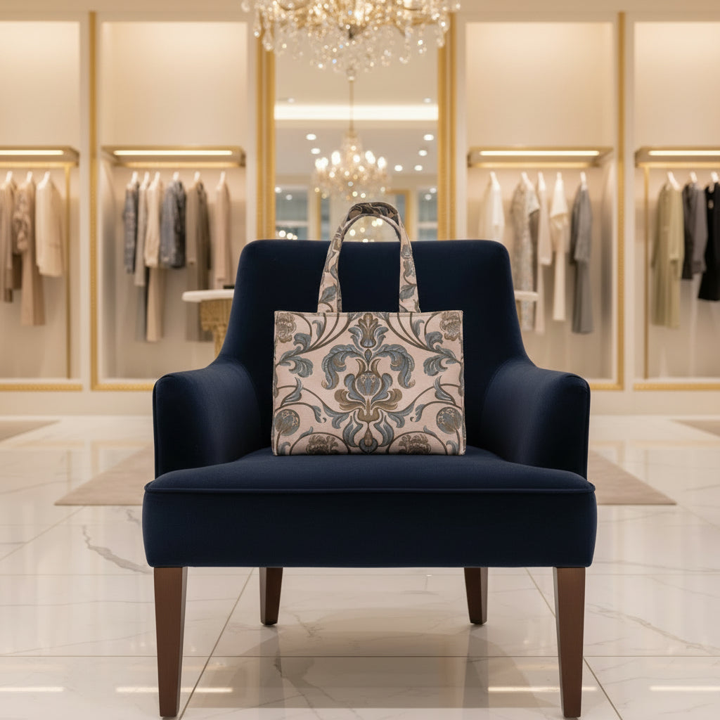 Mini tote bag with grey and brown baroque style floral design on taupe background