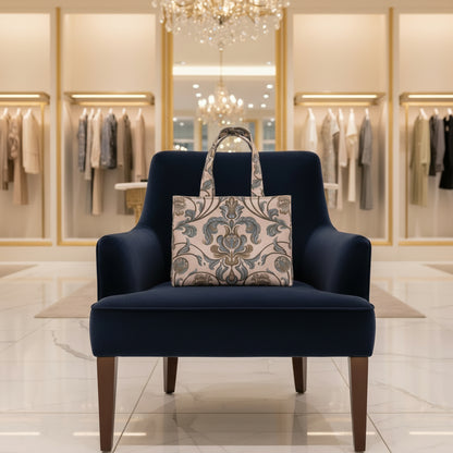 Mini tote bag with grey and brown baroque style floral design on taupe background