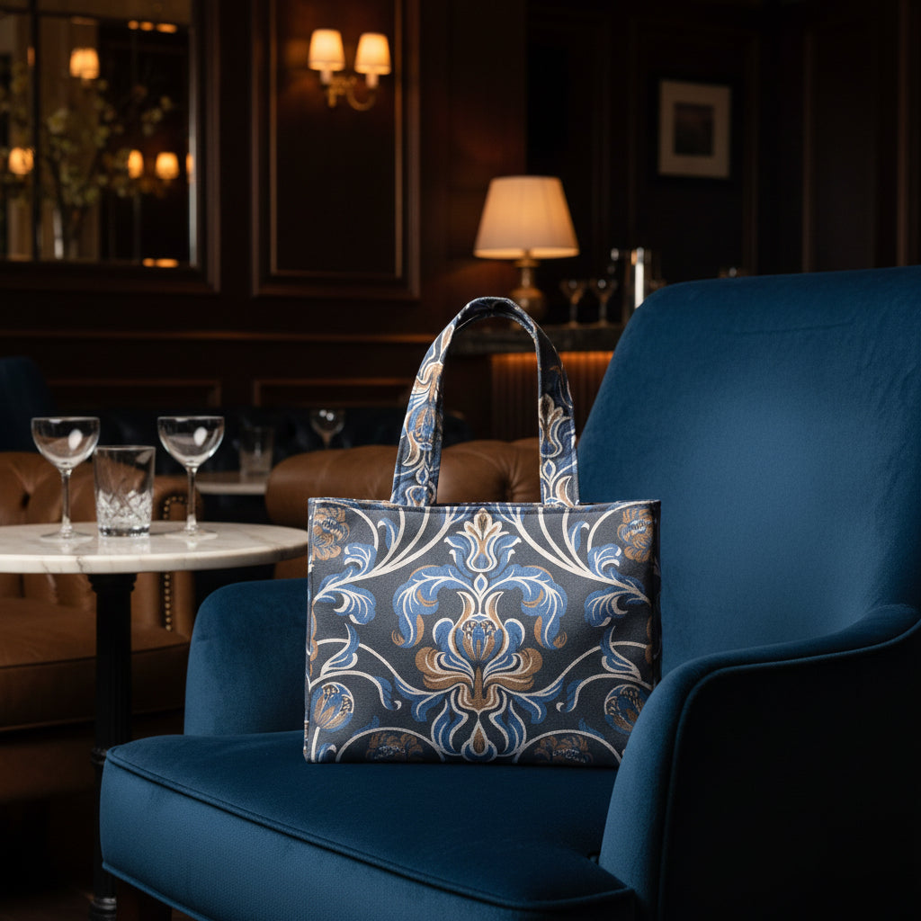 Mini tote bag with white, brown, and blue baroque style floral design on navy background sitting on an armchair in a cocktail lounge