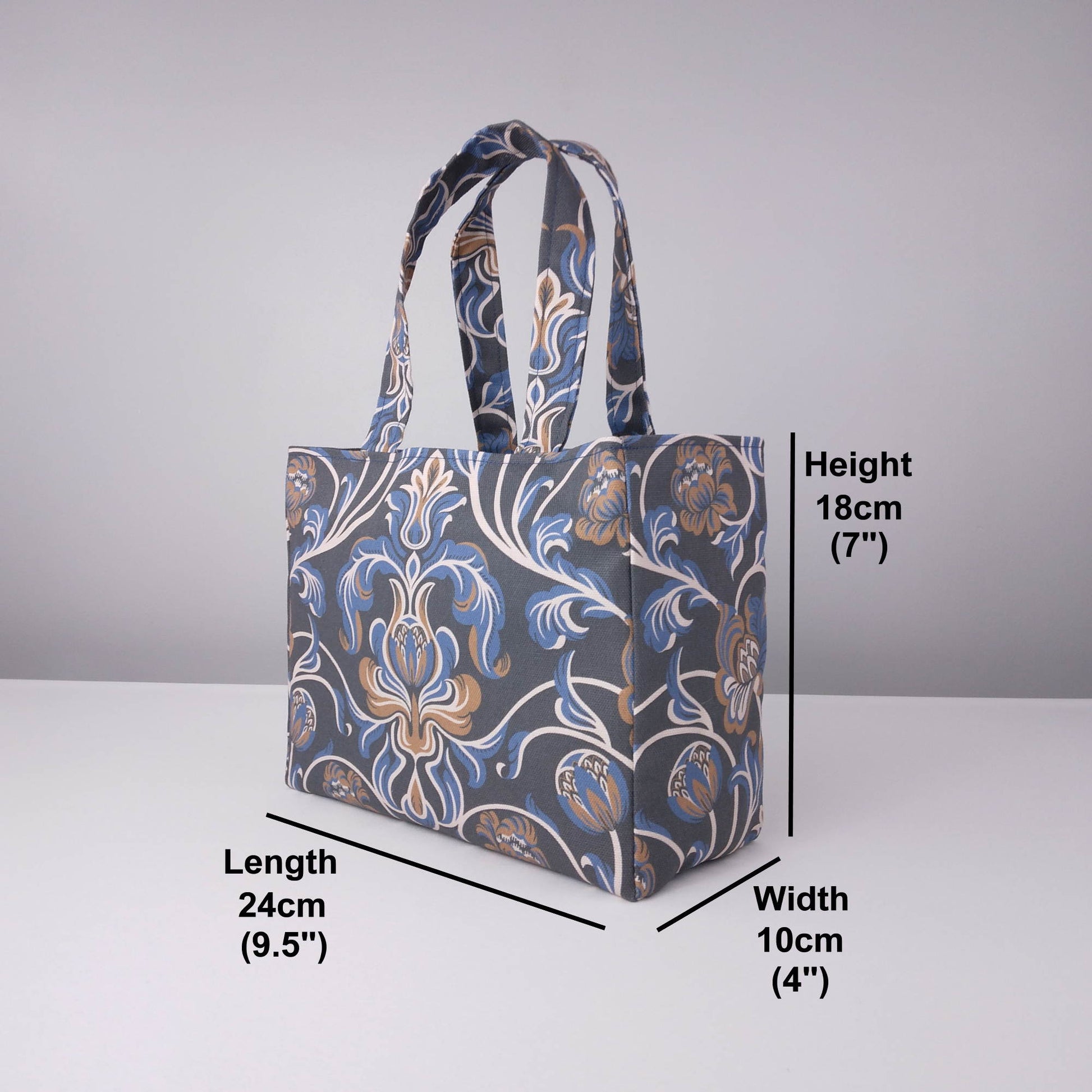 Mini tote bag with product details