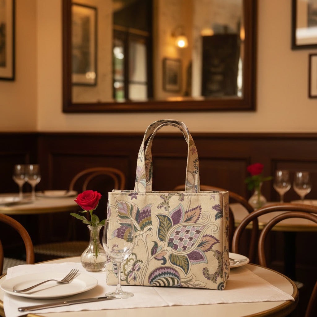 Mini tote bag sitting on a cafe table in a bistro style restaurant