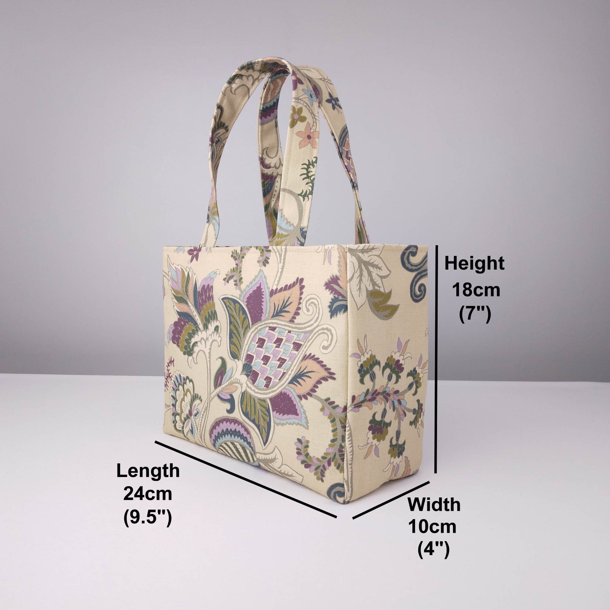 Mini tote bag with product details