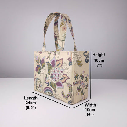 Mini tote bag with product details
