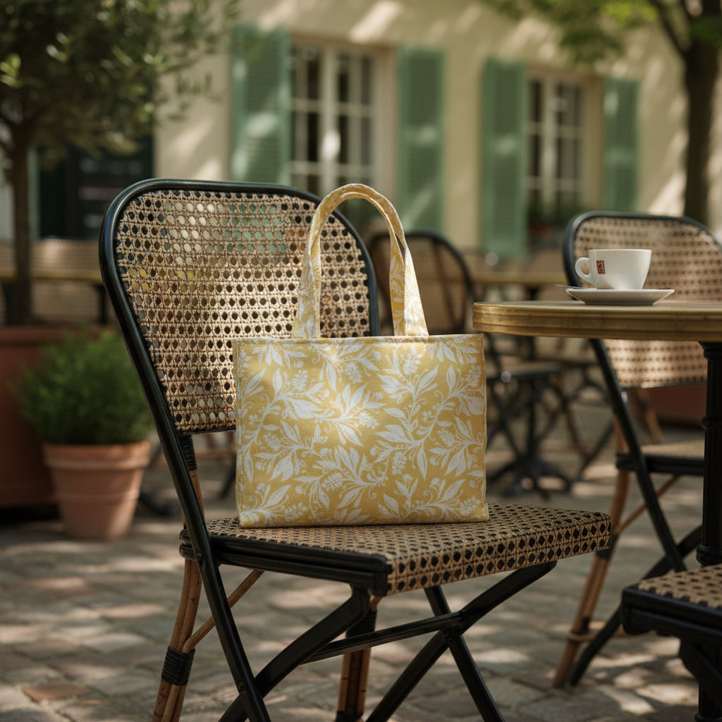 Mini tote bag with white wildflower silhouette design on yellow background sitting on an outdoor cafe chair at a coffee shop