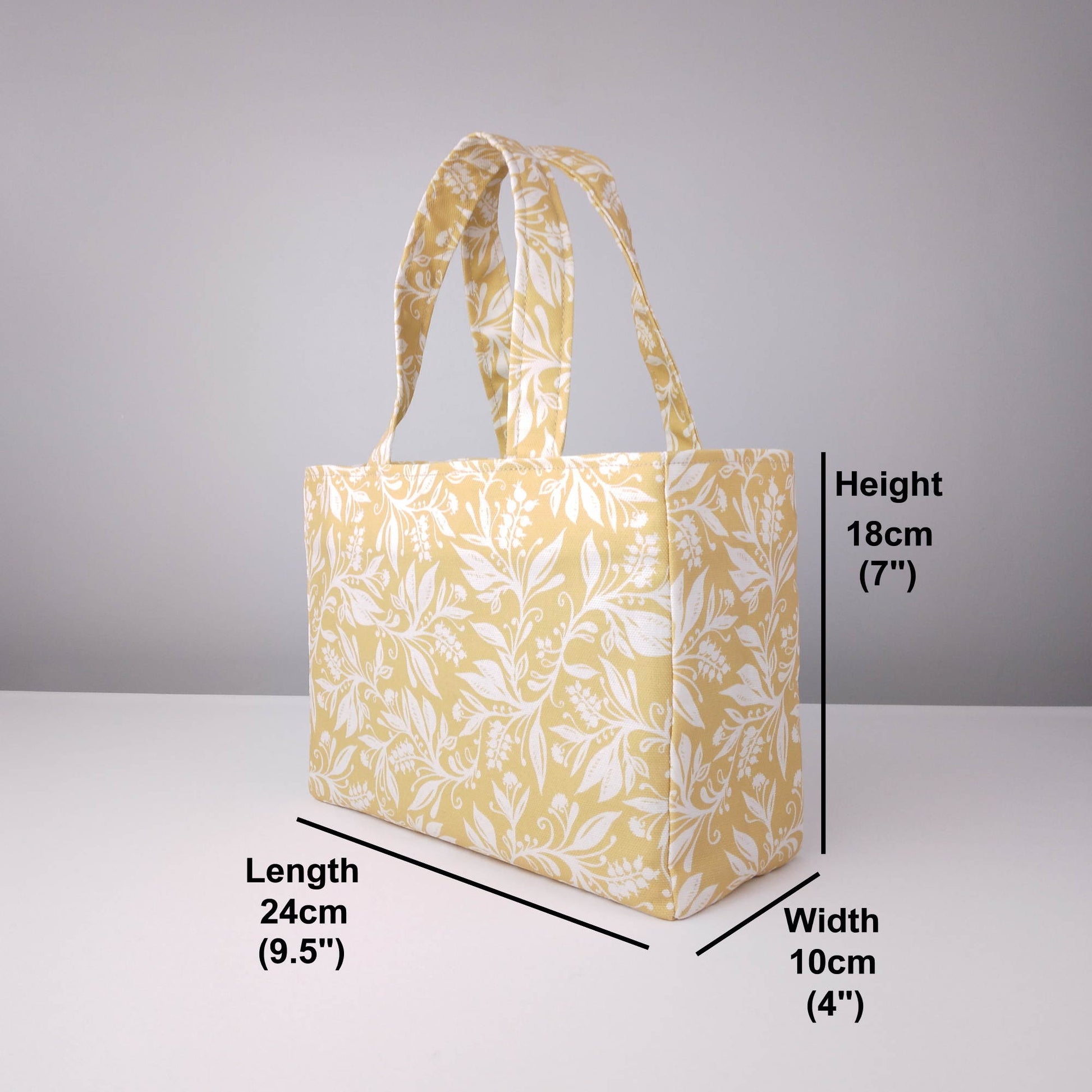 Mini tote bag with product details