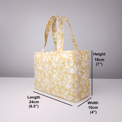 Mini tote bag with product details